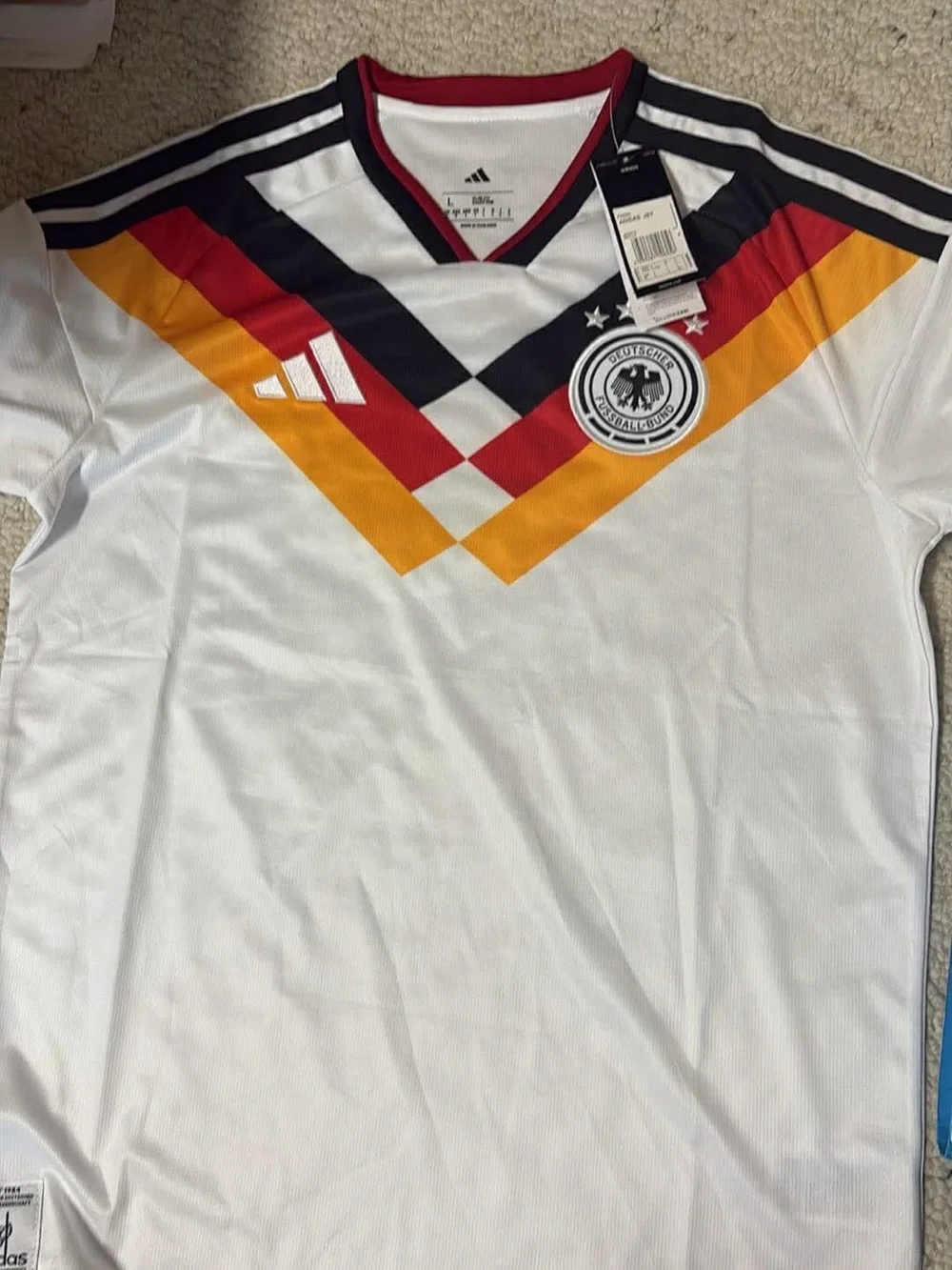 adidas White Germany National Team Home Jersey with Red, Black, Gold Chevron